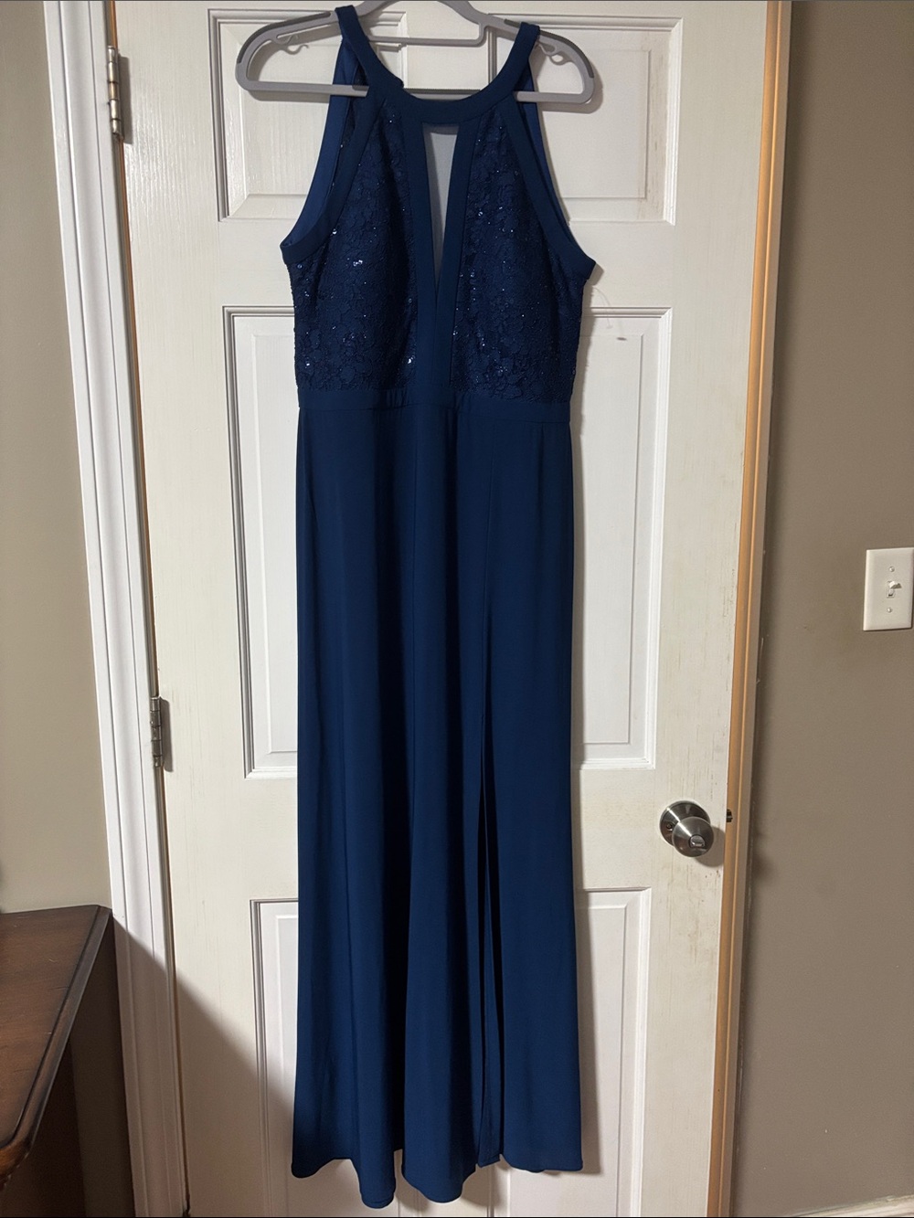 Nightway dark greenish blue Halter Evening Gown with Lace Bodice 12 petite